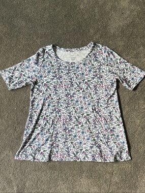 J. Jill White Short Sleeve Tee with Pink, Green & Blue Floral Print